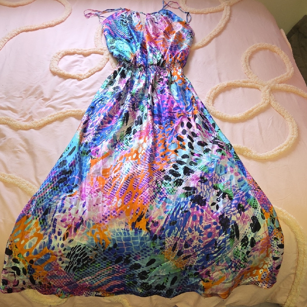 100 Percent Silk Single Printed Maxi Dress in Turquoise, Purple, Green & Black